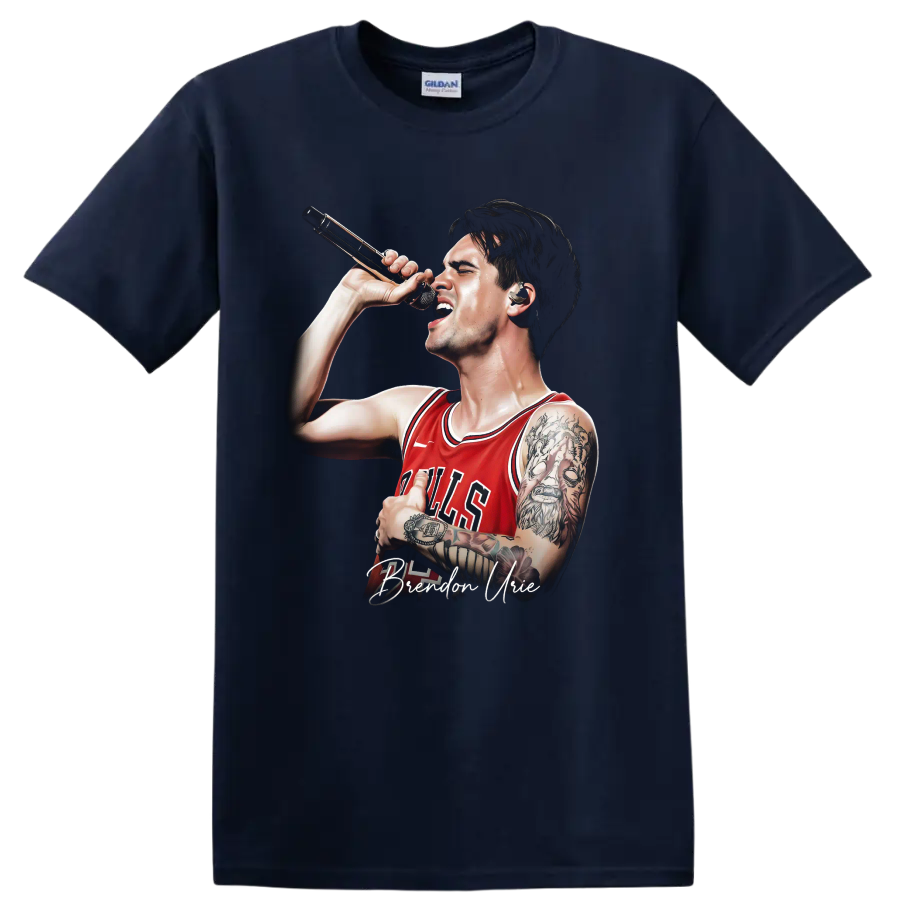 Brendon Urie singing into a microphone in a Bulls jersey graphic on a Navy (Blue) T Shirt