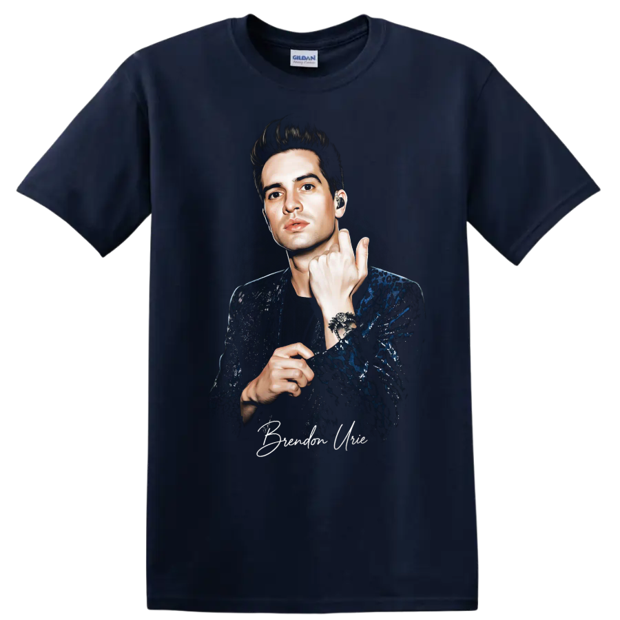 Brendon Urie portrait graphic print in a dramatic performance pose on a Navy (Blue) T Shirt