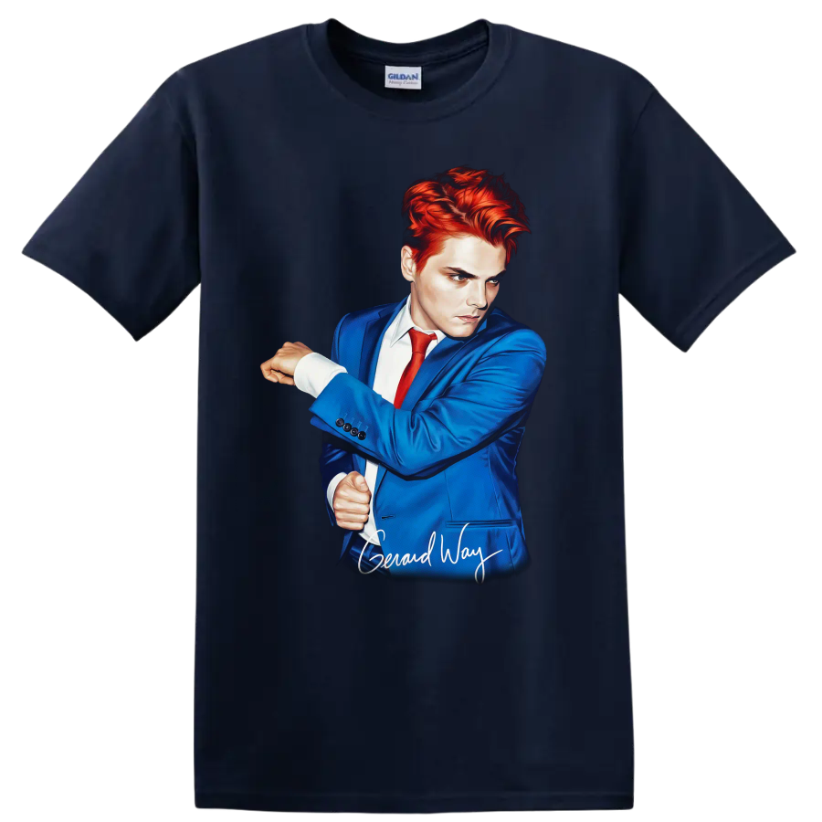 Gerard Way portrait in blue suit and red tie, stylized music fan art on a Navy (Blue) T Shirt
