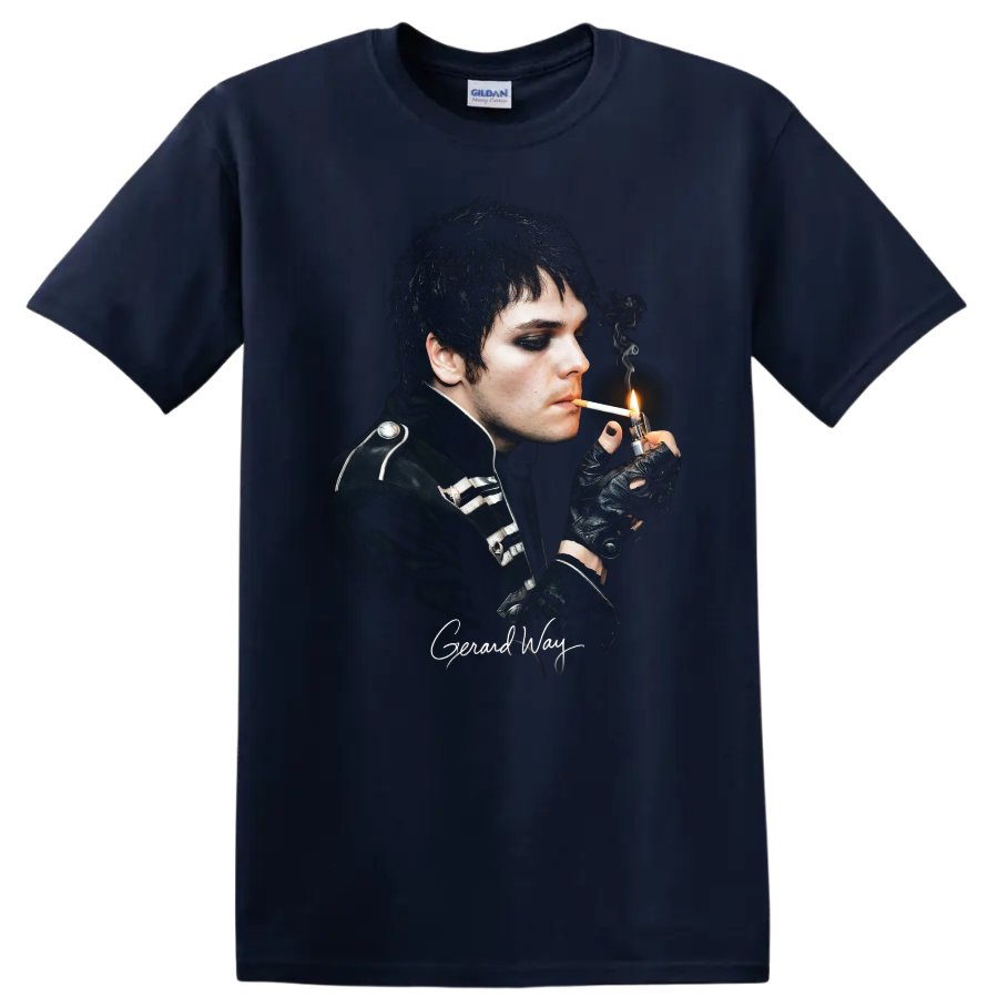 Gerard Way gothic My Chemical Romance portrait with smoky lighting on a Navy (Blue) T Shirt