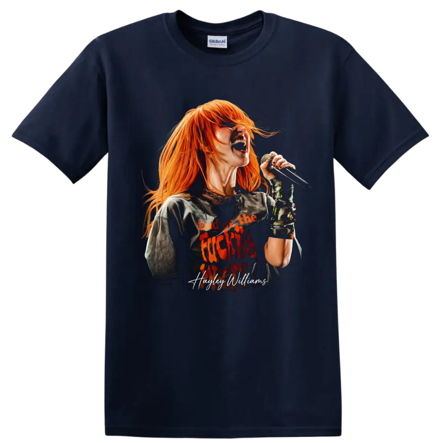 Hayley Williams singing into a microphone in bold rock fan art on a Navy (Blue) T Shirt