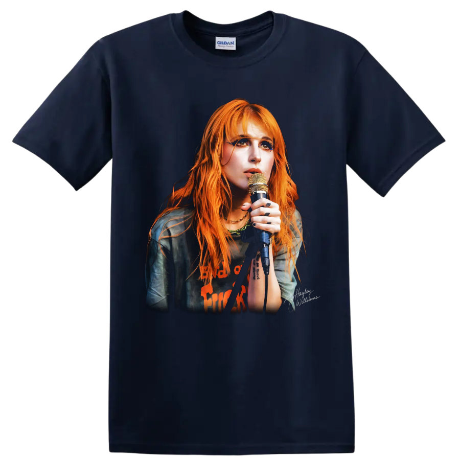Hayley Williams Paramore rock music poster portrait with microphone on a Navy (Blue) T Shirt