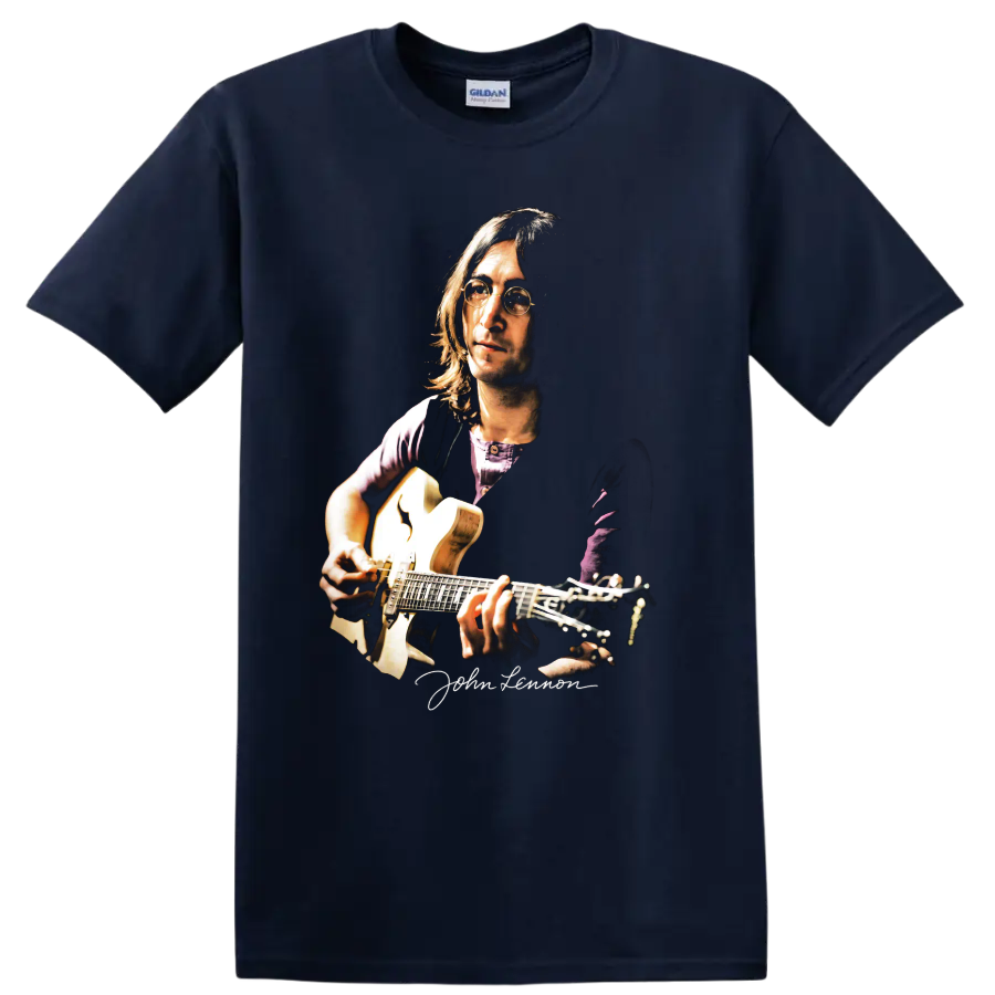 John Lennon portrait playing acoustic guitar, moody music artwork on a Navy (Blue) T Shirt