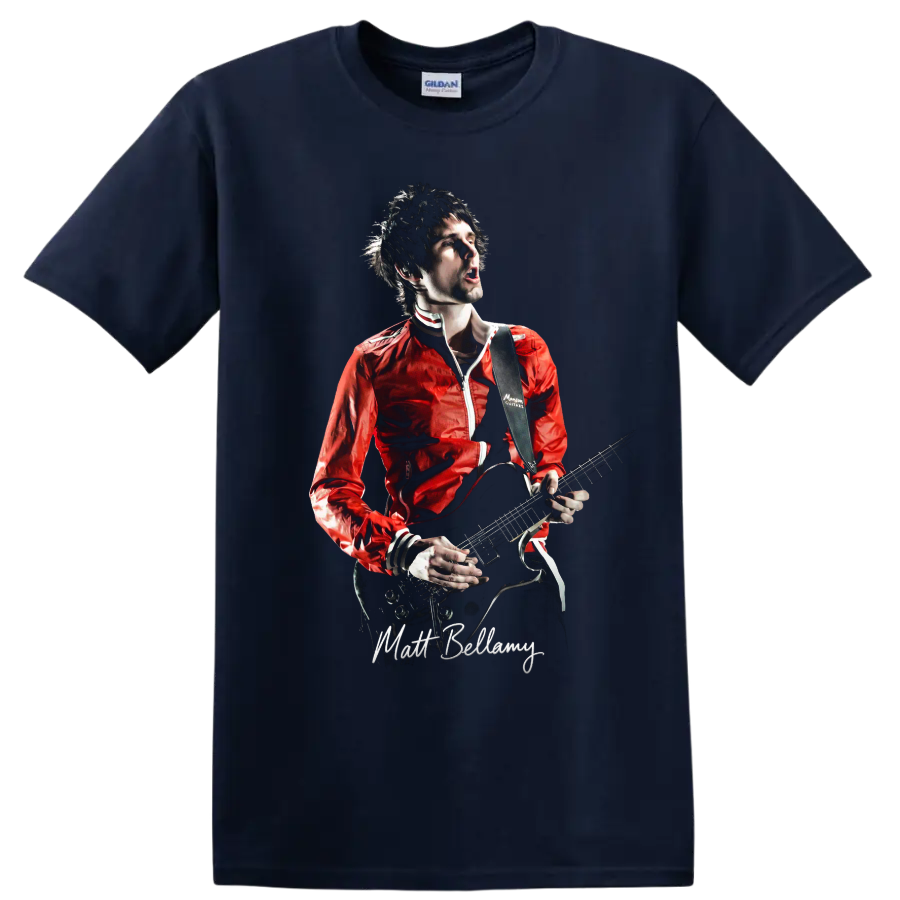 Matt Bellamy of Muse playing electric guitar in bold rock performance artwork on a Navy (Blue) T Shirt