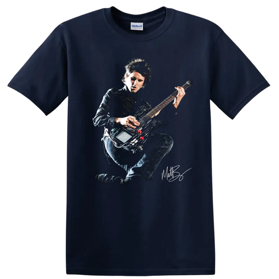 Matt Bellamy of Muse playing electric guitar in a dramatic rock portrait on a Navy (Blue) T Shirt