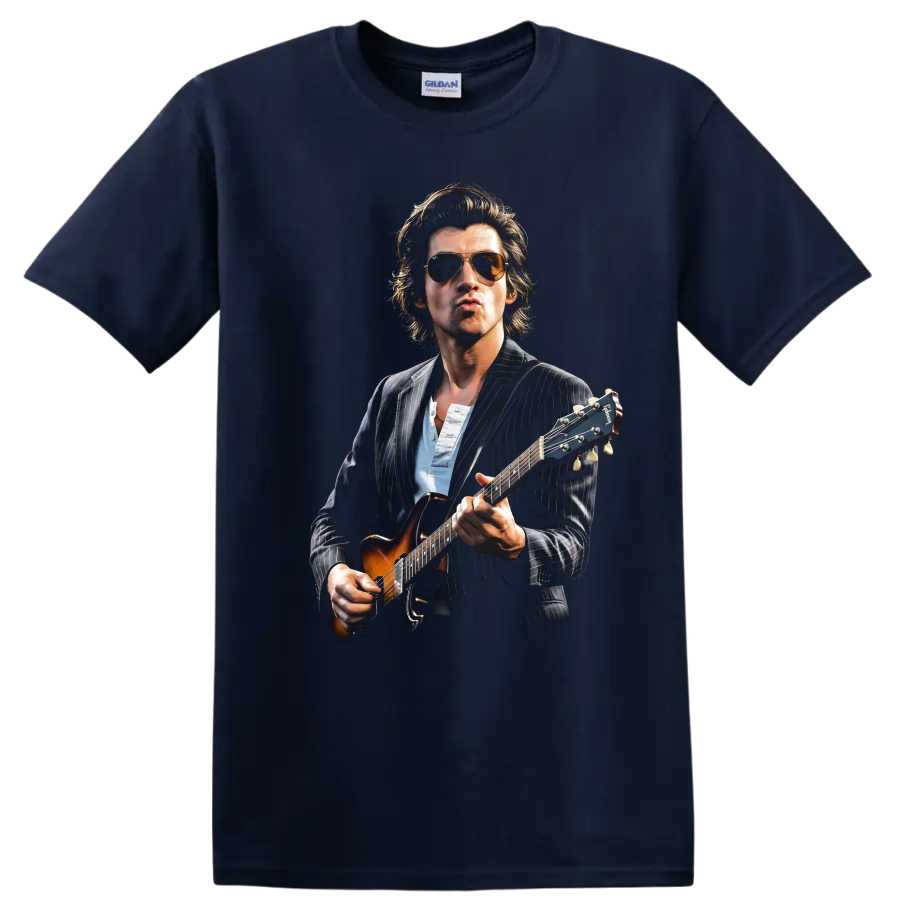 Alex Turner of Arctic Monkeys playing guitar in a realistic portrait on a Navy (Blue) T Shirt
