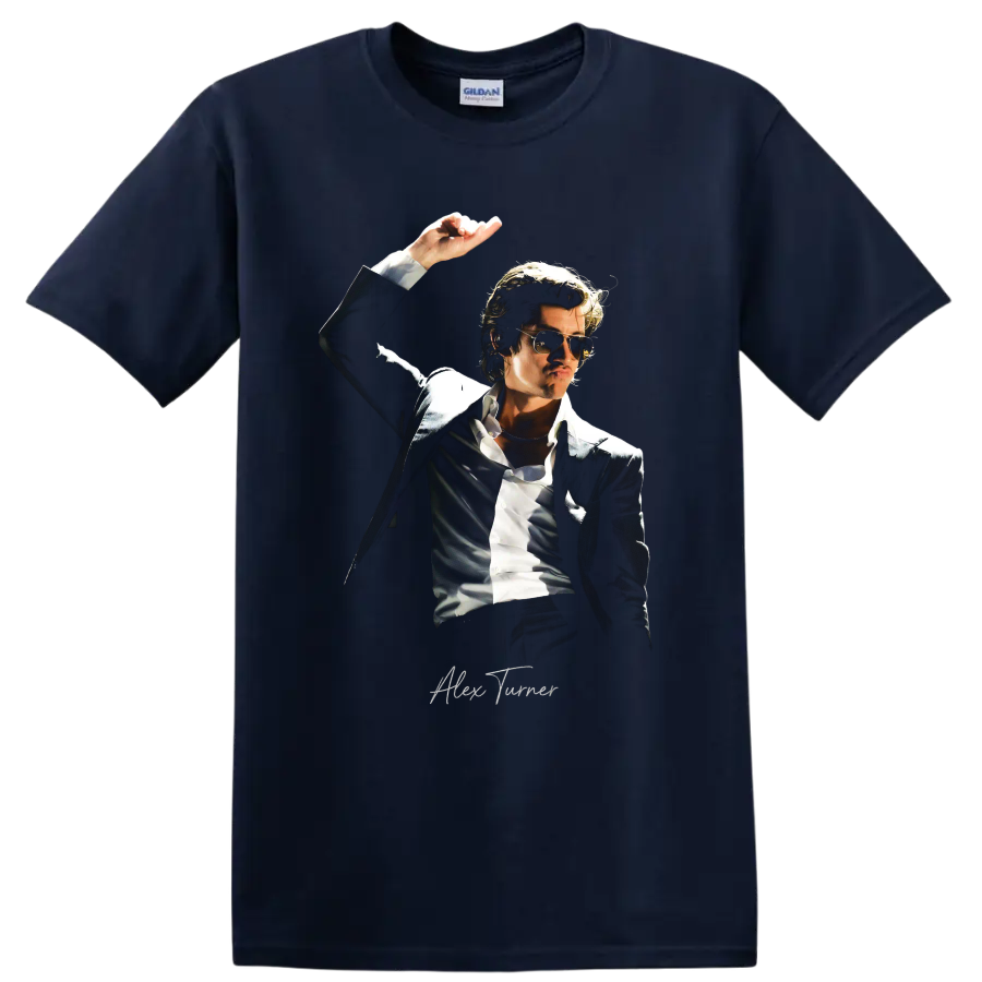 Alex Turner Arctic Monkeys sunglasses portrait graphic print on a Navy (Blue) T Shirt