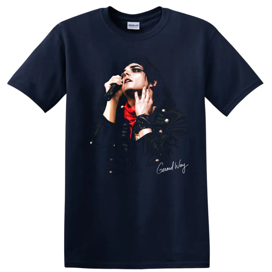 Gerard Way performing in dramatic Black Parade era graphic portrait on a Navy (Blue) T Shirt