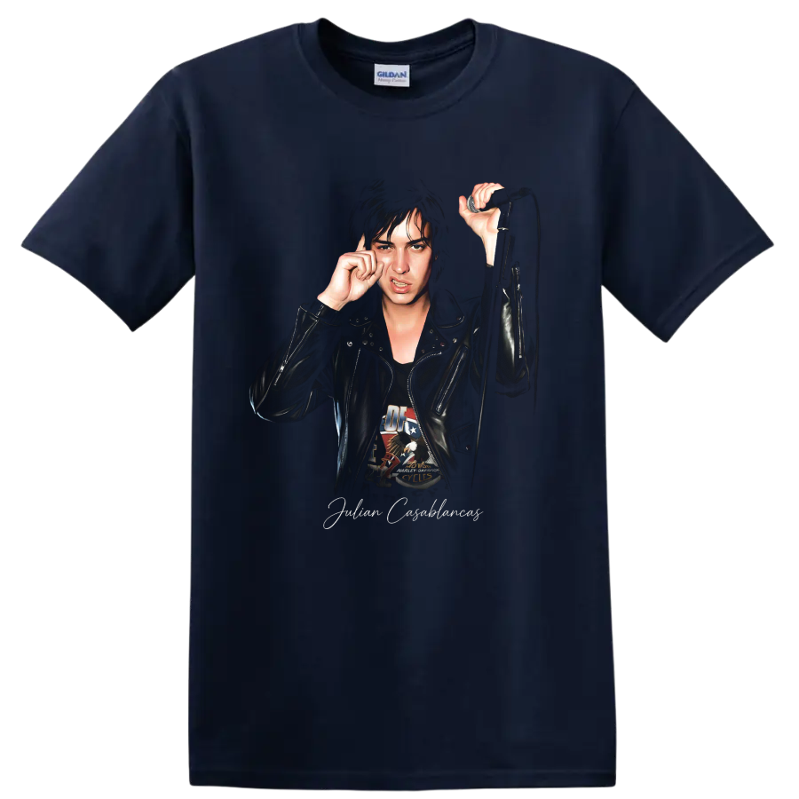 Julian Casablancas portrait with microphone, illustrated rock music design on a Navy (Blue) T Shirt