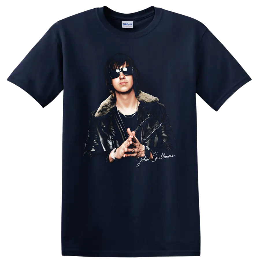 Julian Casablancas portrait with sunglasses and leather jacket on a Navy (Blue) T Shirt