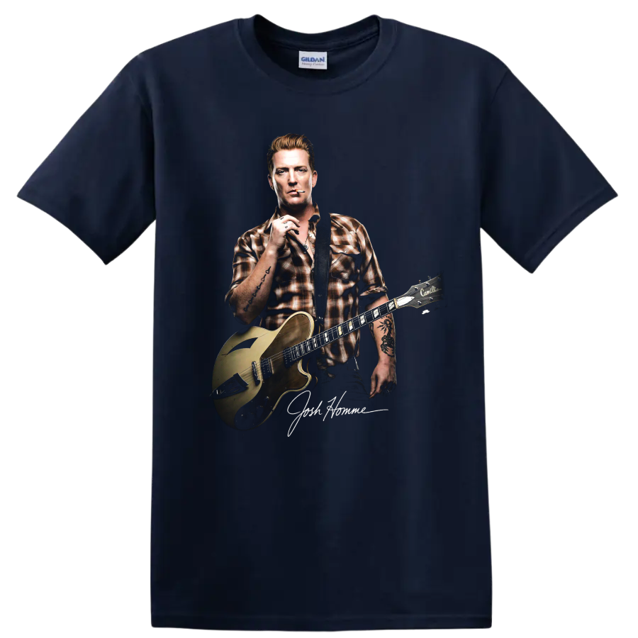 Josh Homme guitar portrait graphic with Queens of the Stone Age rock style on a Navy (Blue) T Shirt
