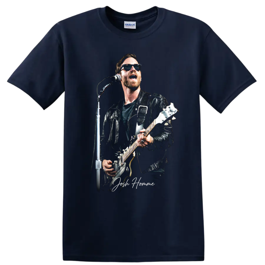 Josh Homme performing with guitar in a dark illustrated rock portrait on a Navy (Blue) T Shirt