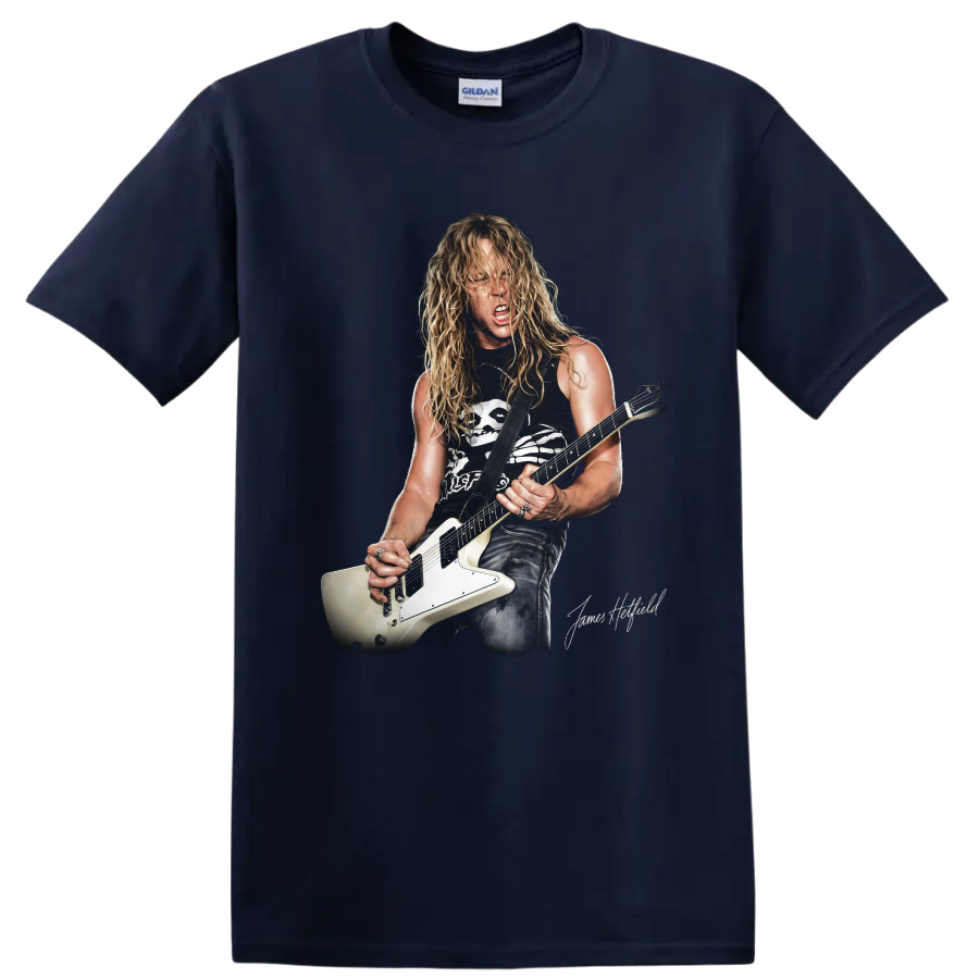 James Hetfield of Metallica playing a white Explorer guitar, heavy metal artwork on a Navy (Blue) T Shirt