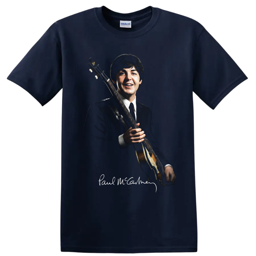 Paul McCartney holding a Höfner bass guitar in a classic rock portrait on a Navy (Blue) T Shirt