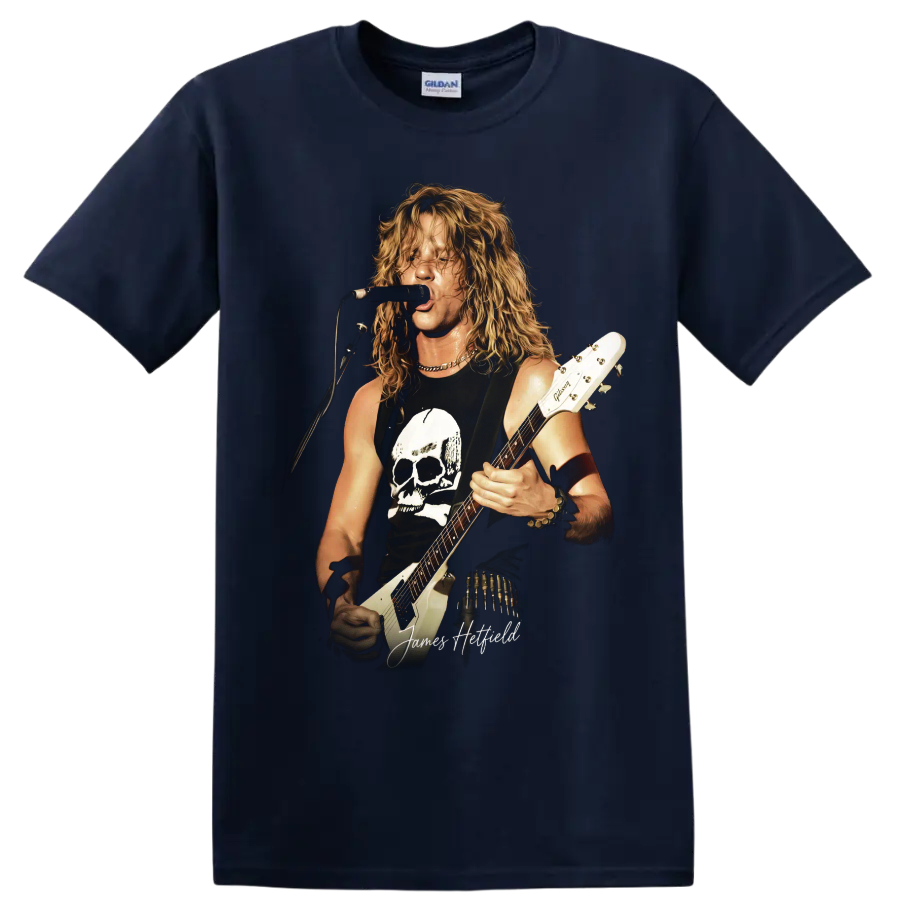 James Hetfield Metallica guitarist performing with a skull graphic on a Navy (Blue) T Shirt
