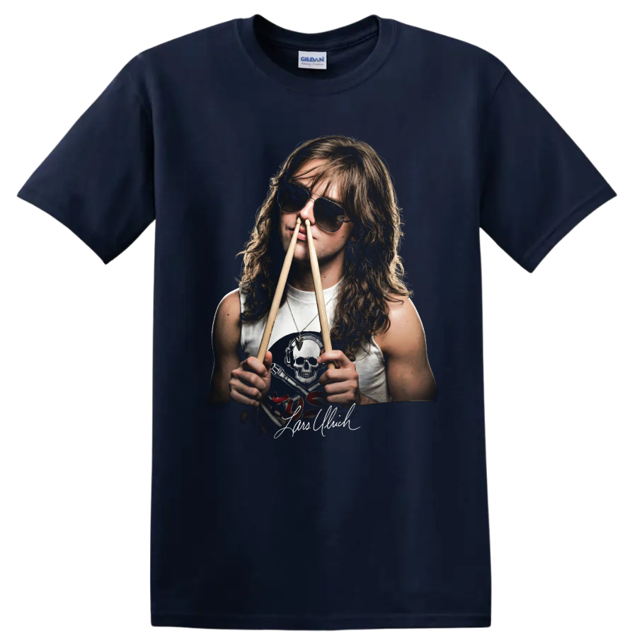 Lars Ulrich heavy metal drummer portrait with sunglasses and drumsticks on a Navy (Blue) T Shirt