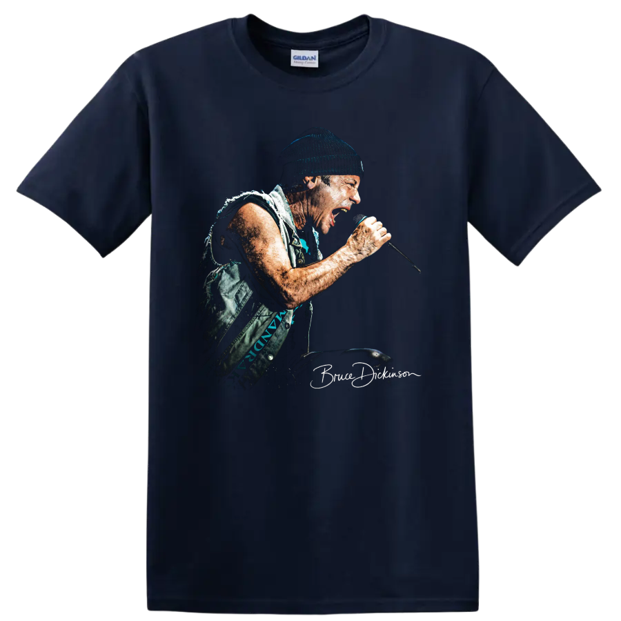 Bruce Dickinson of Iron Maiden performing with a microphone in gritty metal art on a Navy (Blue) T Shirt