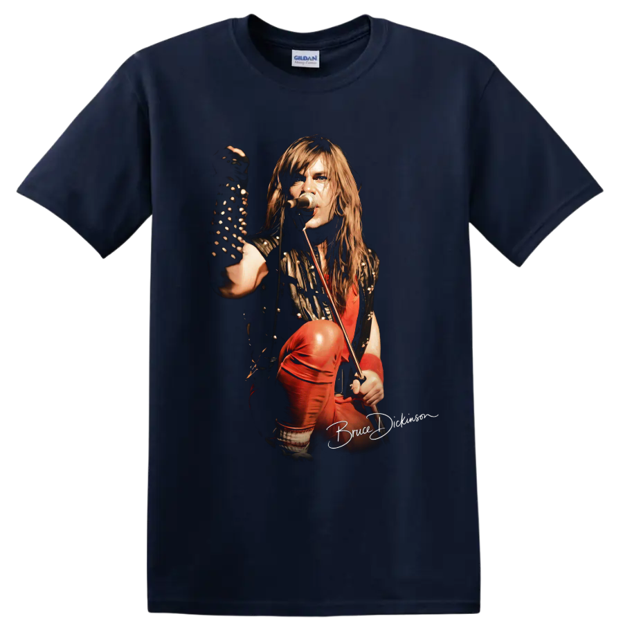 Bruce Dickinson Iron Maiden heavy metal stage performance graphic on a Navy (Blue) T Shirt