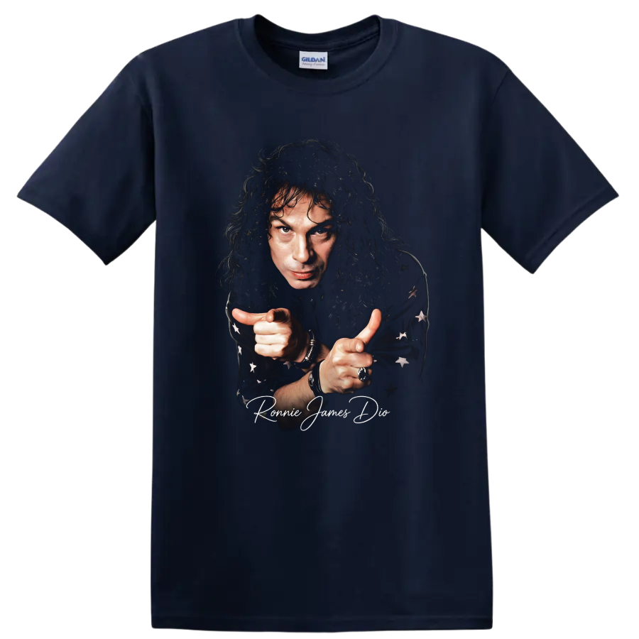 Ronnie James Dio portrait heavy metal graphic with signature on a Navy (Blue) T Shirt