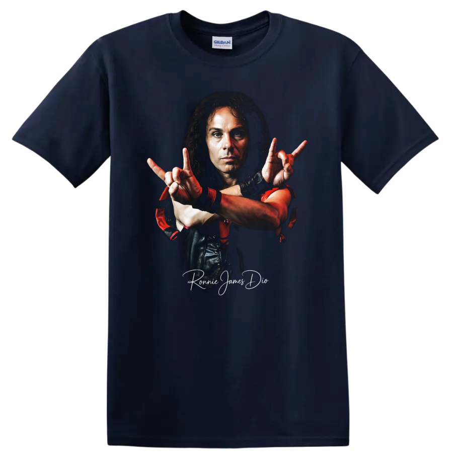 Ronnie James Dio heavy metal portrait with dramatic red accents on a Navy (Blue) T Shirt