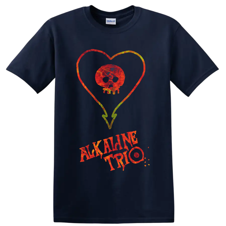 Alkaline Trio skull inside a colorful heart with distressed band lettering on a Navy (Blue) T Shirt