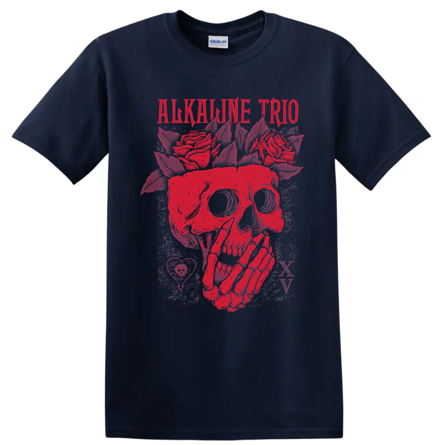 Alkaline Trio distressed red skull and roses punk rock graphic on a Navy (Blue) T Shirt