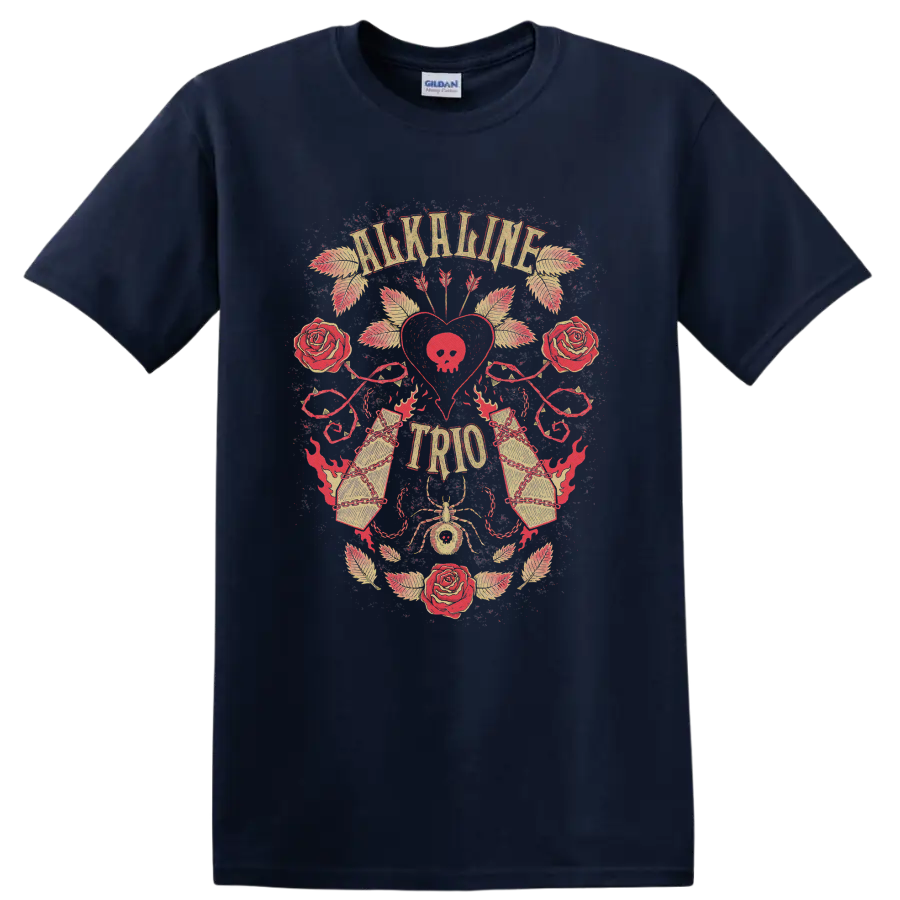 Alkaline Trio distressed punk rock rose heart graphic with ornate details on a Navy (Blue) T Shirt
