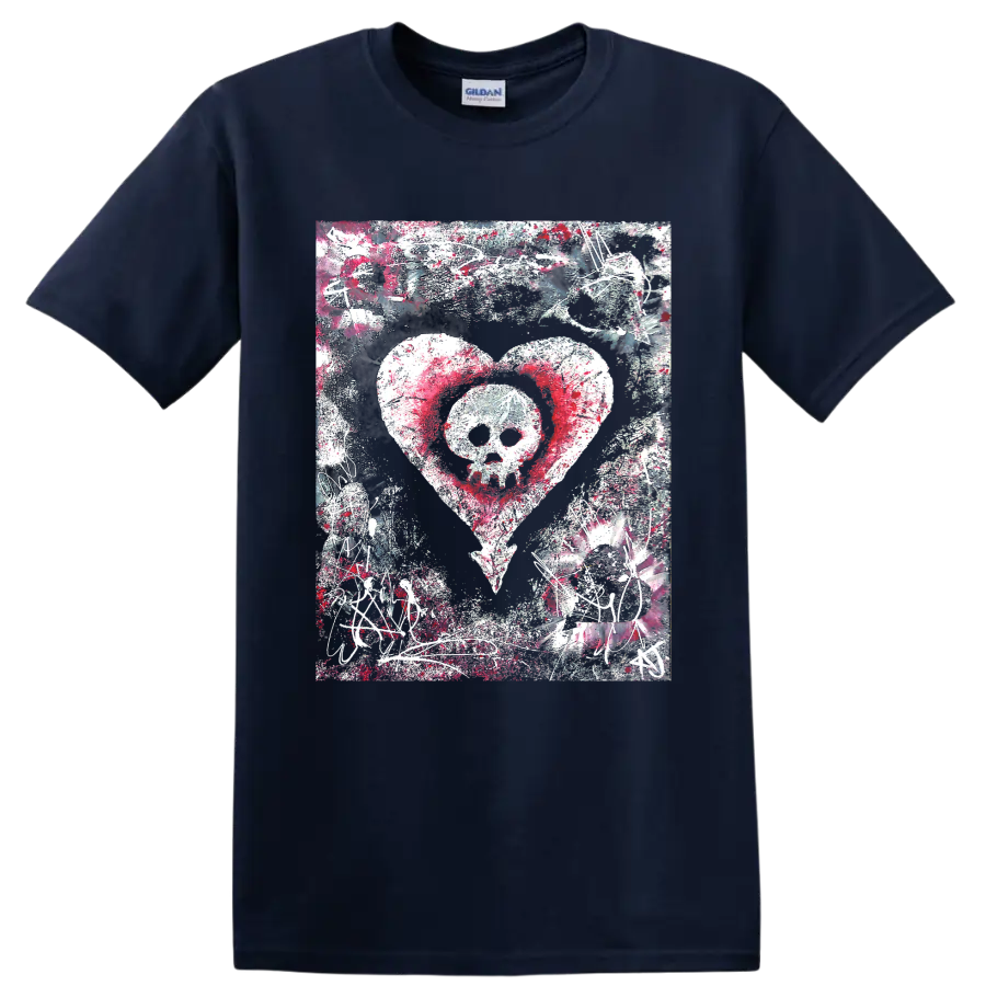 Alkaline Trio skull inside heart punk rock distressed graphic print on a Navy (Blue) T Shirt