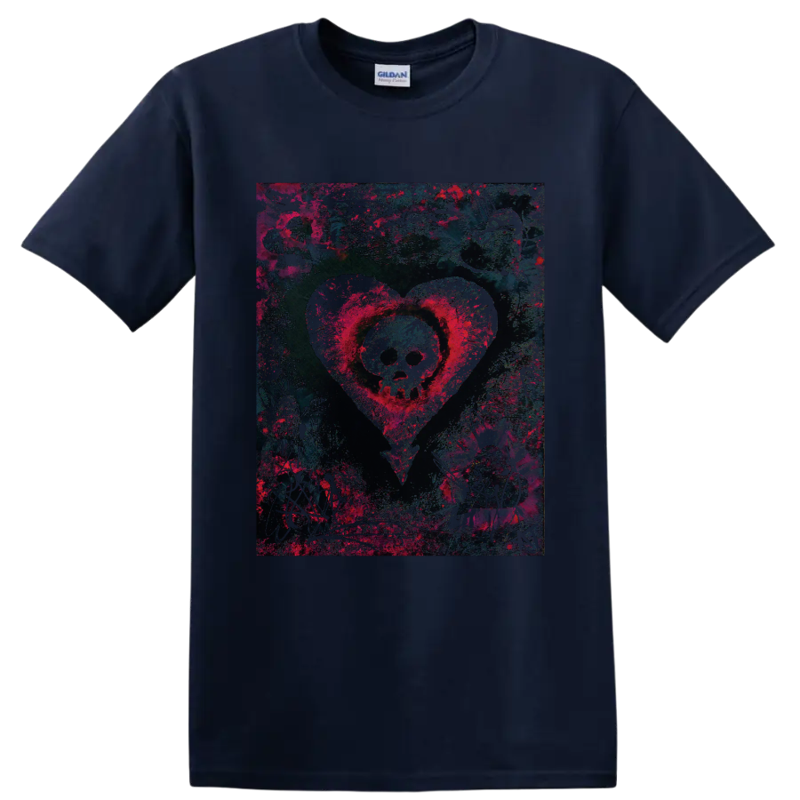 Alkaline Trio skull inside a heart, distressed punk rock graphic on a Navy (Blue) T Shirt