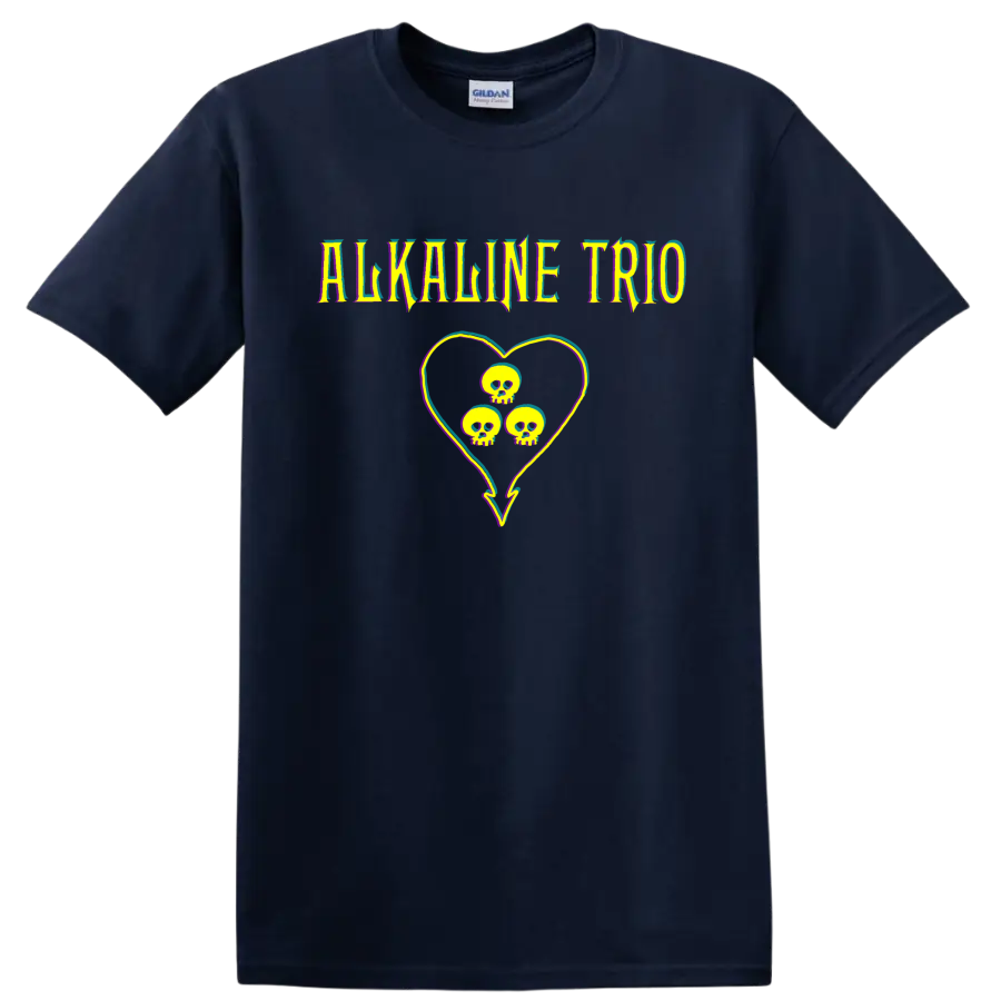 Alkaline Trio punk rock skull heart graphic with colorful glitch accents on a Navy (Blue) T Shirt