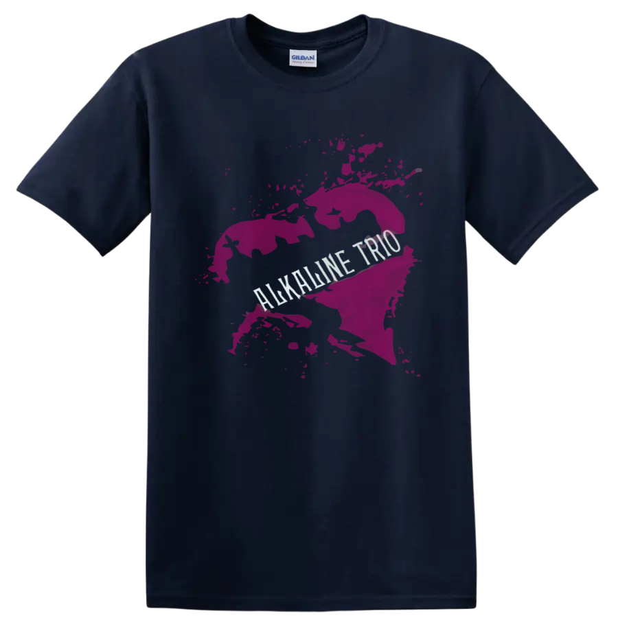 Alkaline Trio punk rock graphic with pink paint splash and distressed lettering on a Navy (Blue) T Shirt