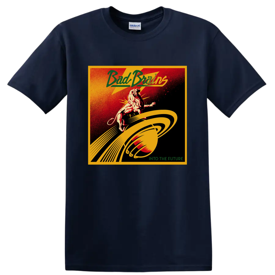 Bad Brains distressed punk rock lion and planetary rings Into the Future design on a Navy (Blue) T Shirt