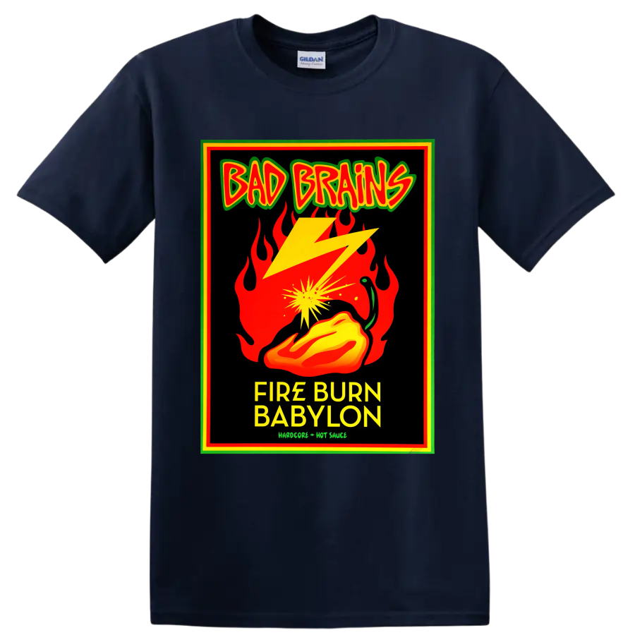 Bad Brains Fire Burn Babylon punk graphic with flames, lightning, and hot pepper on a Navy (Blue) T Shirt