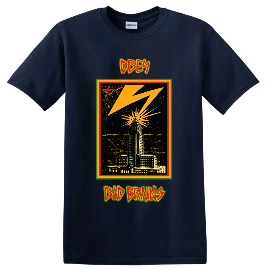 Bad Brains OBEY lightning city skyline punk rock graphic on a Navy (Blue) T Shirt