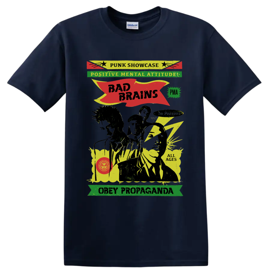 Bad Brains punk rock graphic with Positive Mental Attitude lettering on a Navy (Blue) T Shirt