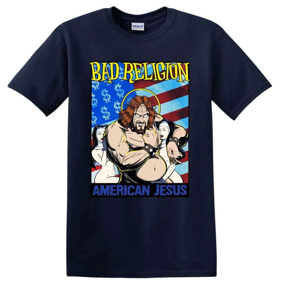 Bad Religion American Jesus comic-style punk rock graphic print on a Navy (Blue) T Shirt