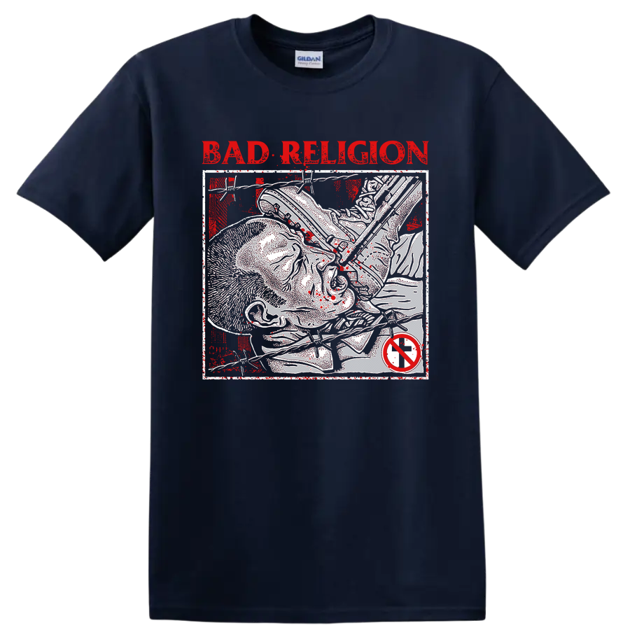 Bad Religion distressed punk rock lettering and skeletal graphic on a Navy (Blue) T Shirt