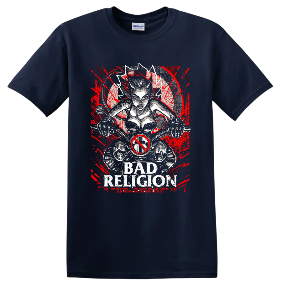 Bad Religion distressed punk rock skeletal graphic with red accents on a Navy (Blue) T Shirt