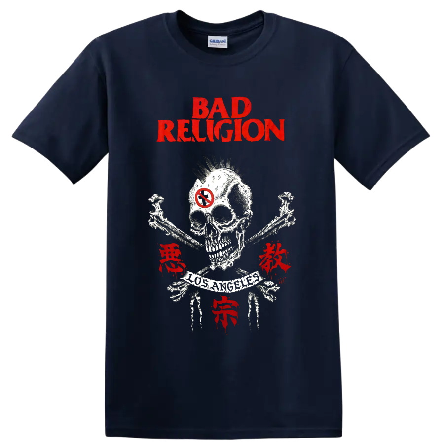 Bad Religion distressed red skull and crossbones punk graphic on a Navy (Blue) T Shirt