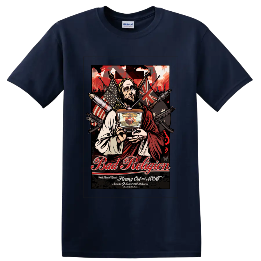 Bad Religion punk rock concert poster graphic with robed figure and television on a Navy (Blue) T Shirt
