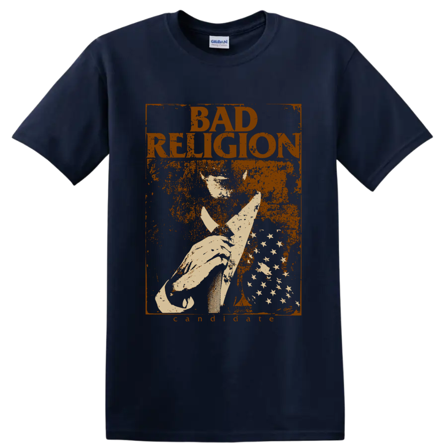 Bad Religion distressed punk rock graphic with bold lettering and central illustration on a Navy (Blue) T Shirt