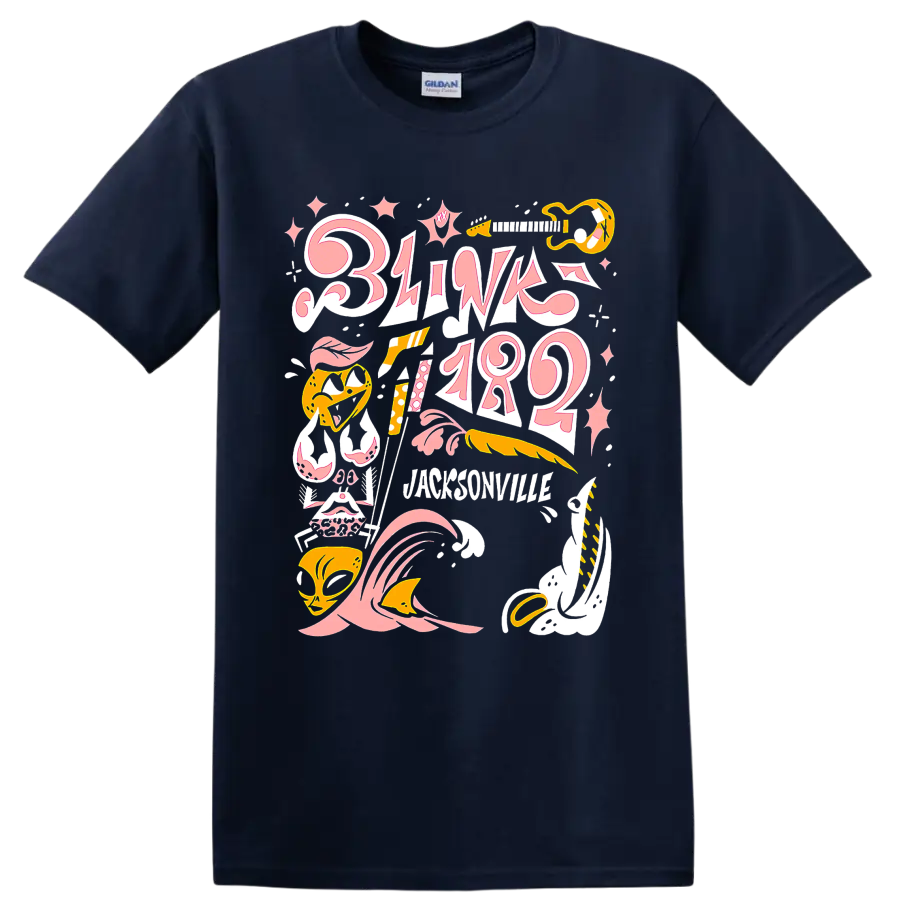 Blink-182 punk rock graphic print with pink lettering and yellow music accents on a Navy (Blue) T Shirt