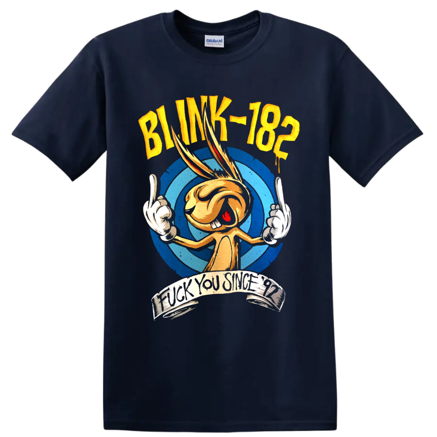 Blink-182 punk rock graphic with orange cartoon character and blue circles on a Navy (Blue) T Shirt
