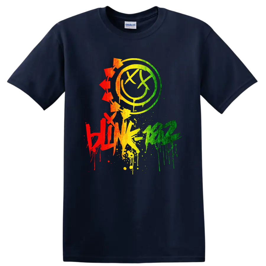 Blink-182 colorful distressed smiley punk rock graphic on a Navy (Blue) T Shirt