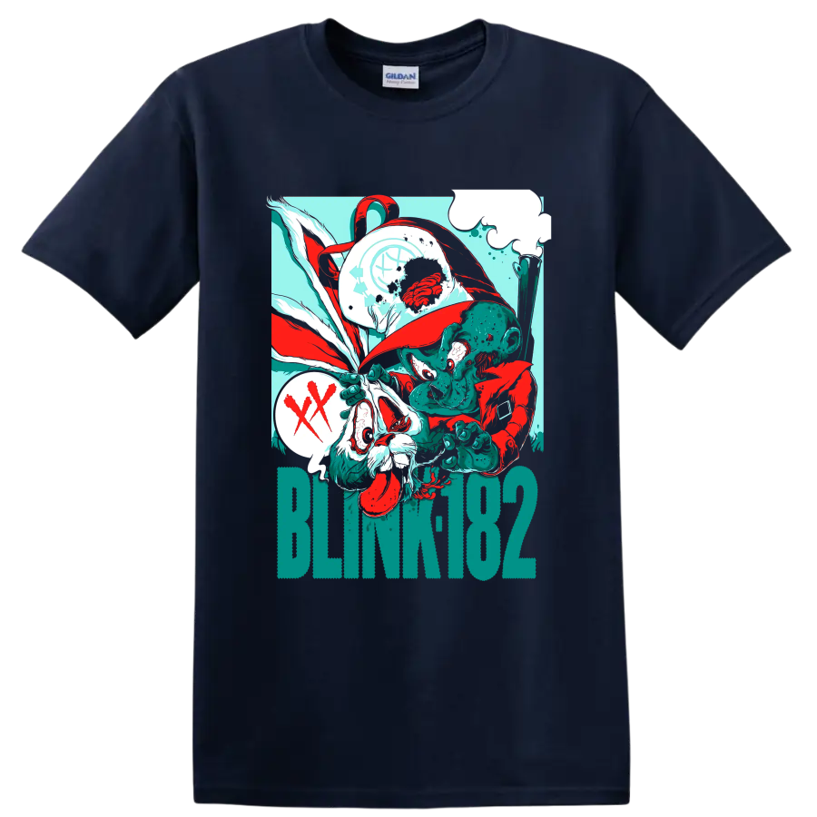 Blink-182 punk rock distressed cartoon horror graphic on a Navy (Blue) T Shirt