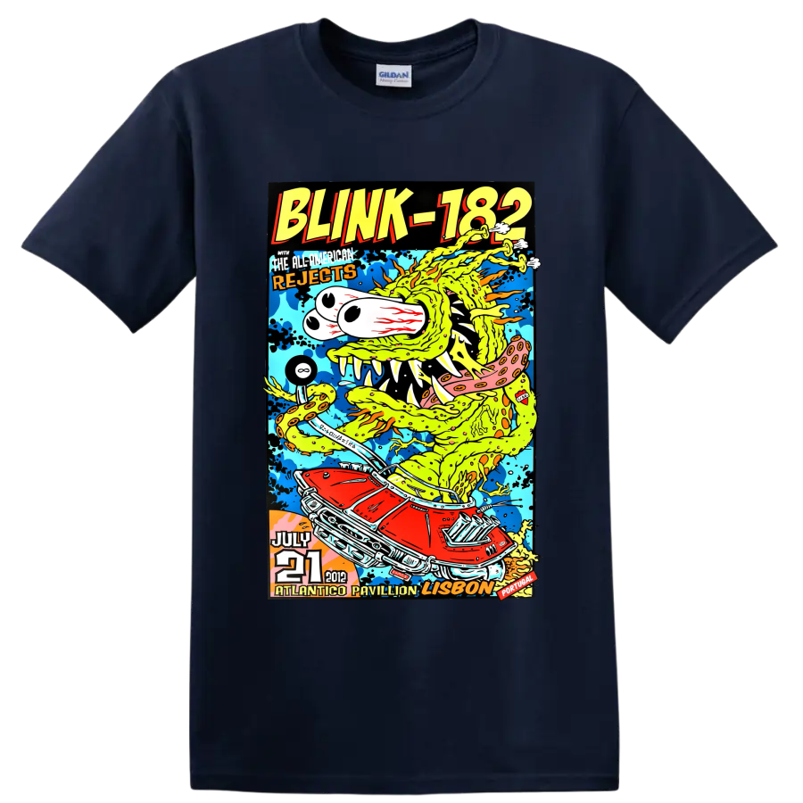 Blink-182 colorful punk rock concert poster with cartoon creature and red car on a Navy (Blue) T Shirt
