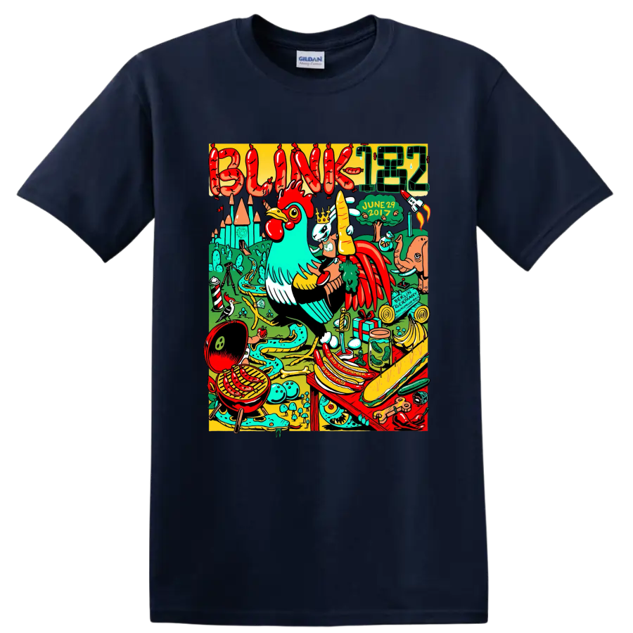Blink-182 colorful surreal punk rock graphic with bold band lettering on a Navy (Blue) T Shirt