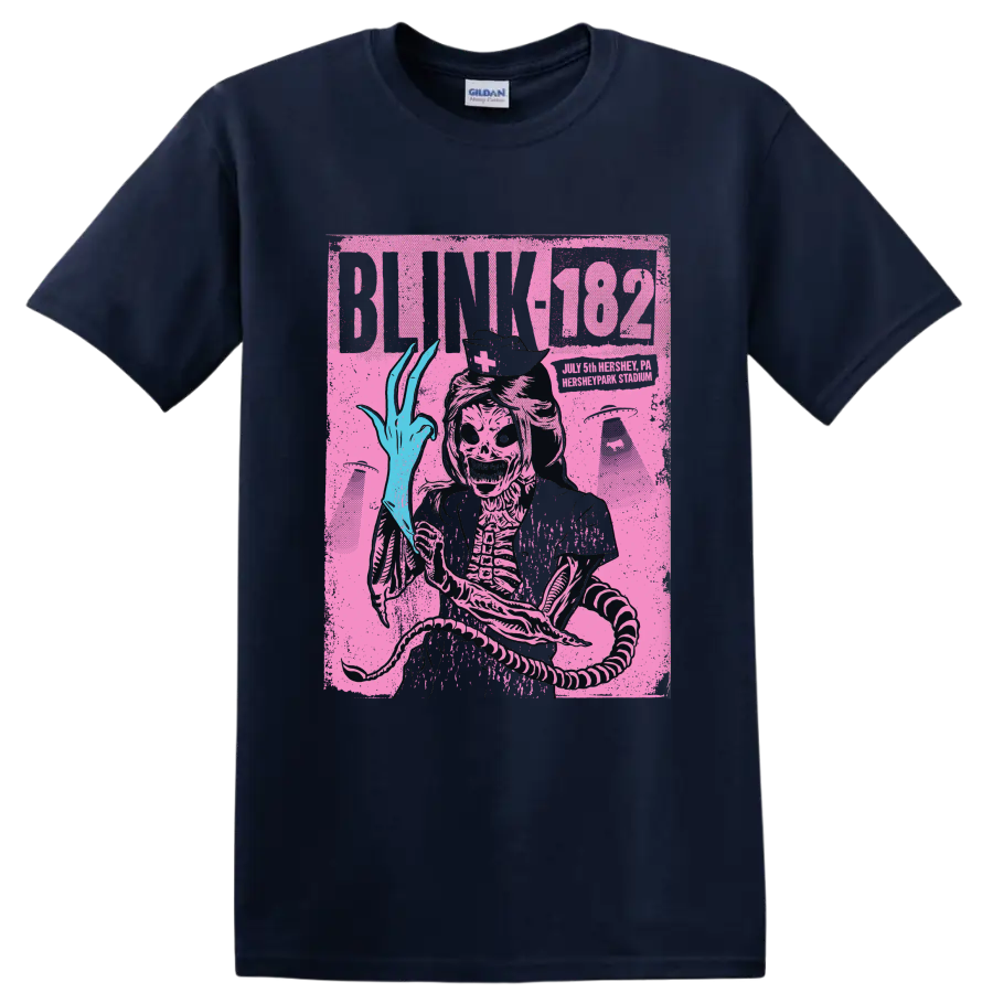 Blink-182 skeleton punk rock graphic with distressed poster-style artwork on a Navy (Blue) T Shirt