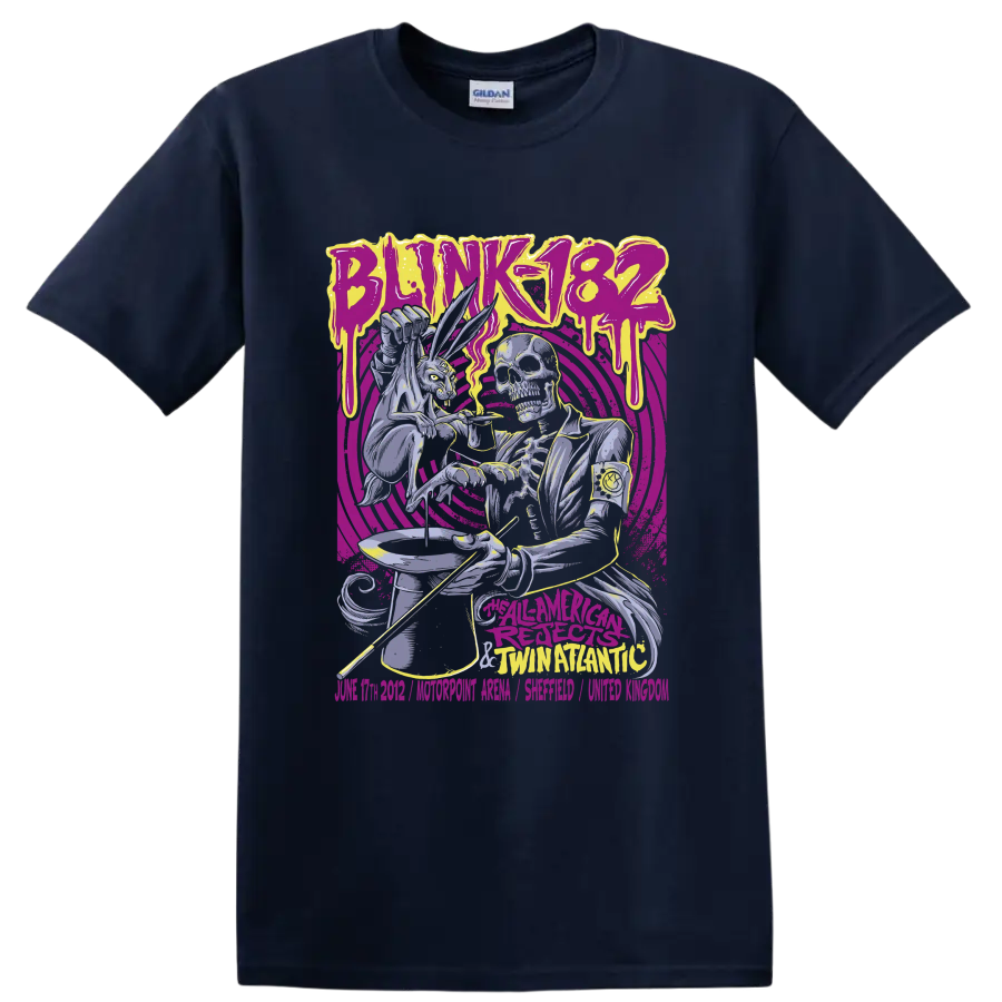 Blink-182 punk rock skeleton graphic with purple and yellow artwork on a Navy (Blue) T Shirt