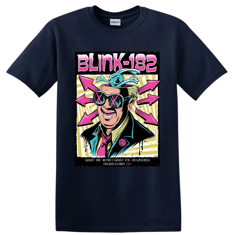Blink-182 punk rock festival graphic with sunglasses, blue creature, and pink arrows on a Navy (Blue) T Shirt